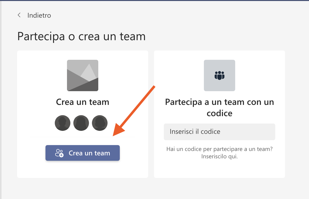 pulsante crea un team