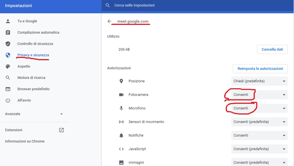 Consenti fotocamera e microfono
