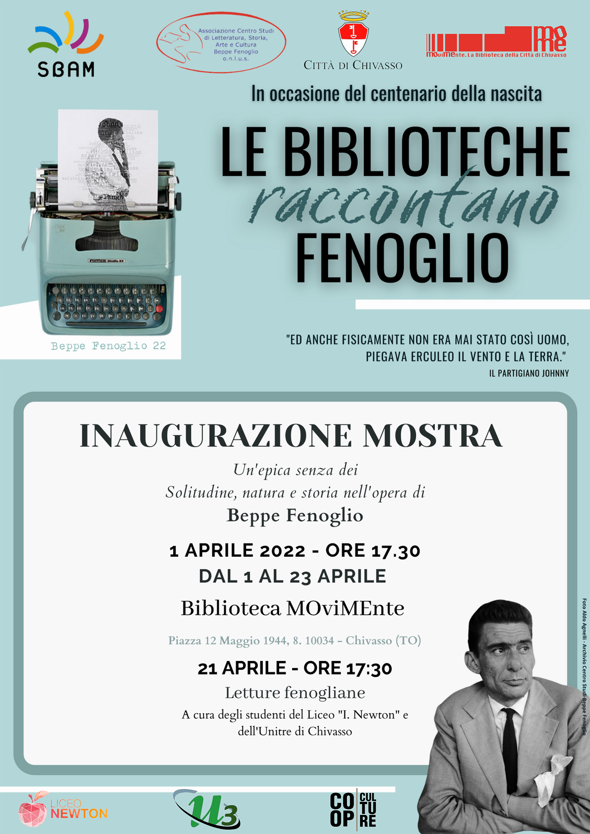 Locandina della mostra su Fenoglio alla Biblioteca MoviMente di Chivassp